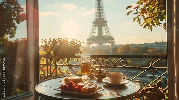 Fototapeta A cozy breakfast scene with pastries and drinks, overlooking the Eiffel Tower at sunrise.
