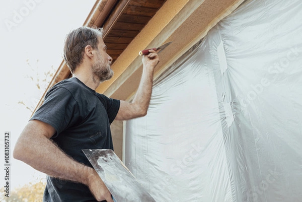 Obraz Renovation of a building facade - construction industry. Worker man plastering exterior walls of a house.
