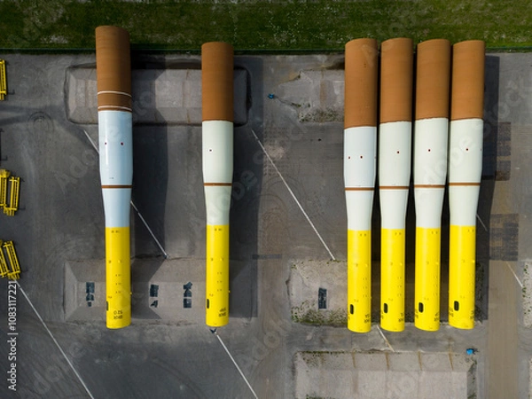 Fototapeta Steel monopile foundations to construct an offshore windpark in the North Sea, The Netherlands
