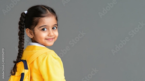 Fototapeta Indian little girl student smiling wearing uniform isolated on gray background