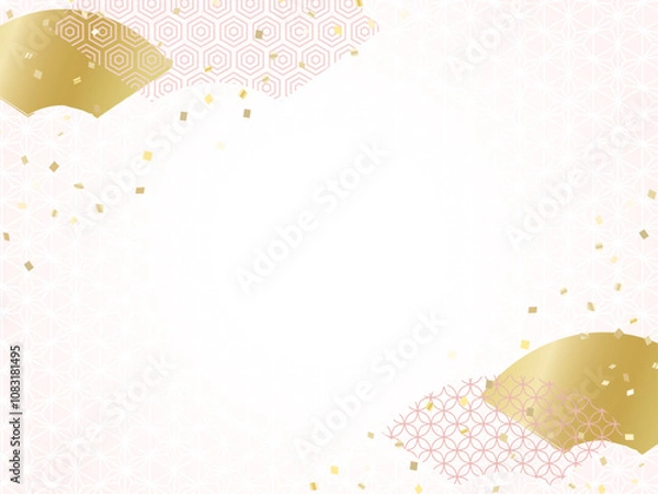 Obraz 和柄の背景素材、金色の上品な模様と扇
