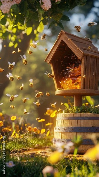 Fototapeta Close up of honey stage podium, bees buzzing in sunny garden, creating lively atmosphere