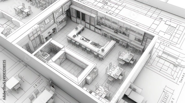 Fototapeta 3D blueprint of a restaurant with tables, bar, and kitchen.