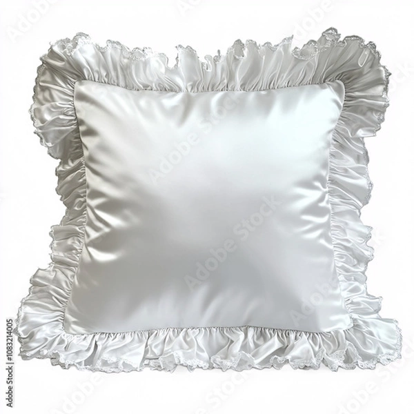 Obraz A luxurious white satin pillow with a ruffled edge, perfect for adding elegance to any decor or bedroom setting.