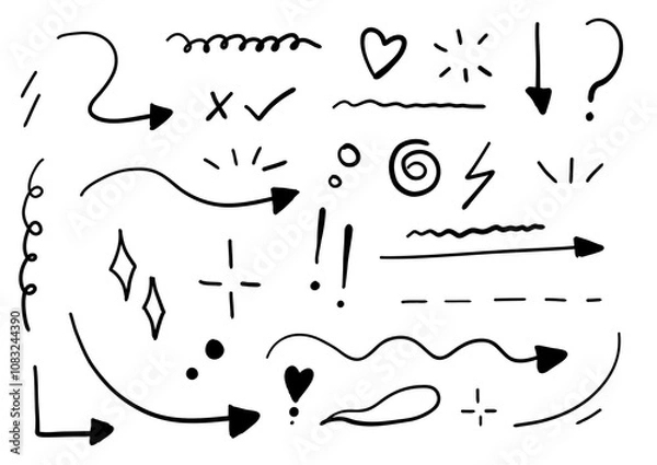 Fototapeta sketch underline, emphasis, line shape set. hand drawn swirl, swoosh, love, speech bubble