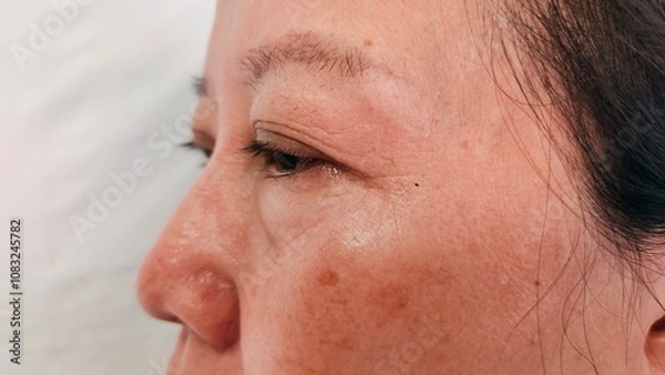 Fototapeta portrait freckles and blemish on the cheek, swelling and ptosis beside the eyelid, dullness and scar on the face of the woman, health care and beauty concept.