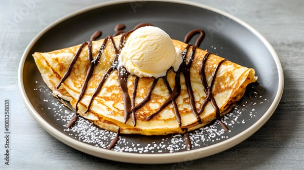 Fototapeta Delicious chocolate drizzled crepe topped with scoop of vanilla ice cream, served on stylish plate. perfect dessert for any sweet tooth!