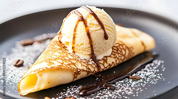 Obraz Delicious crepe wrapped around scoop of vanilla ice cream, drizzled with chocolate sauce and sprinkled with powdered sugar, creating delightful dessert experience
