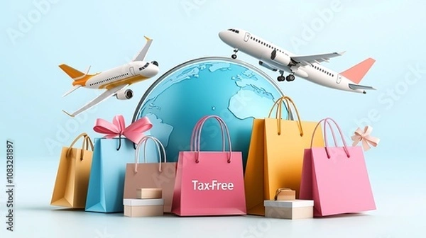 Fototapeta Tax free concept.The image depicts colorful shopping bags around a globe, with planes flying above, symbolizing international travel and tax-free shopping.