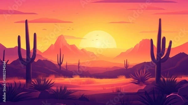 Obraz Sunset view of an Arizona desert landscape with cacti and warm tones