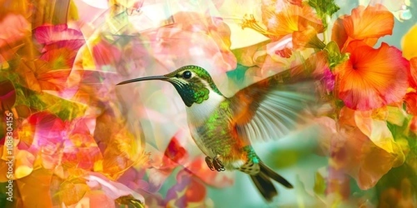 Fototapeta Vibrant hummingbird amidst colorful blooms.