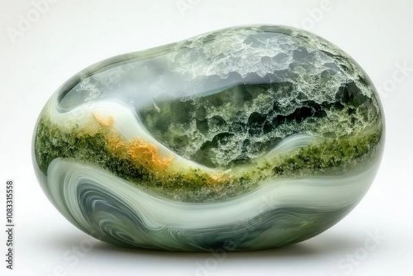 Obraz Moss agate with green and white swirls, set against a soft front light on a white background.