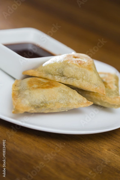 Obraz Samosas and Dipping Sauce Plate Closeup