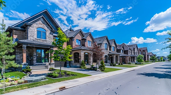 Fototapeta  a beautiful suburban neighborhood with a row of modern detached houses under a bright blue sky The scene is set on a sunny day, with well manicured lawns, charming front yards, and neatly paved road