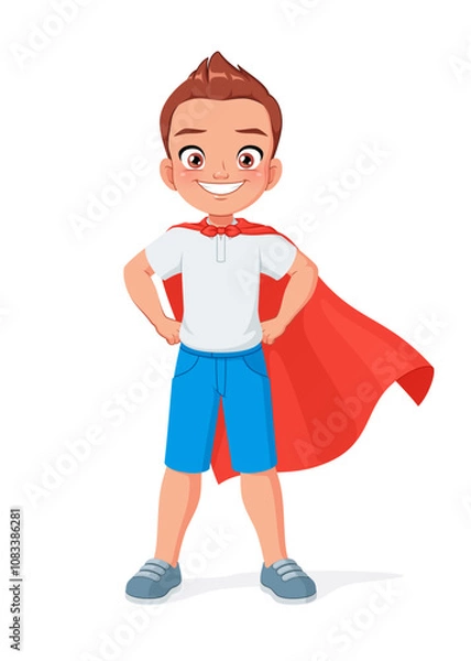 Fototapeta Little boy pretending to be a superhero with a red cape. Cartoon vector illustration.