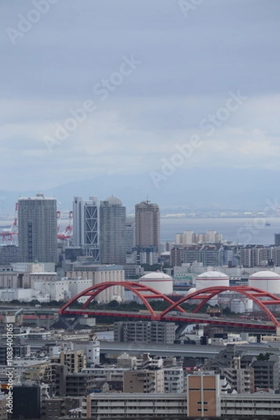 Fototapeta Aerial view taken from Kobe University showing the city layout, transportation and sea that decorate the city of Kobe