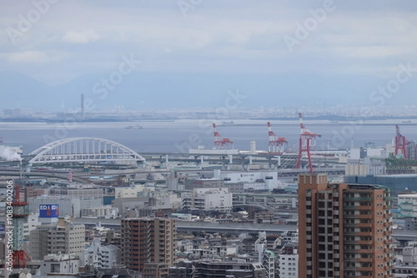 Obraz Aerial view taken from Kobe University showing the city layout, transportation and sea that decorate the city of Kobe