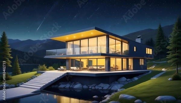 Obraz 3d view of house model,With Background,Vector Style,3d Illustration