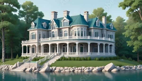 Fototapeta 3d view of house model,With Background,Vector Style,3d Illustration