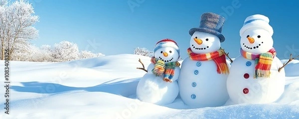 Obraz Happy snowmen in a winter wonderland scene.