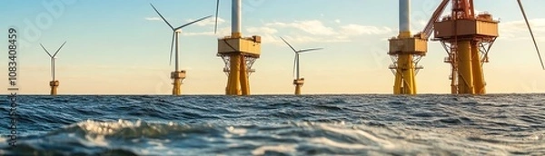 Fototapeta Wind turbines in ocean at sunset.