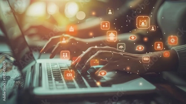 Fototapeta A marketing professional responding to comments and messages on multiple social media platforms, with a focus on customer engagement and interaction