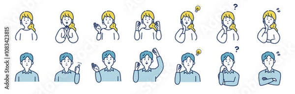 Obraz 男女の様々な表情とポーズのイラストセット