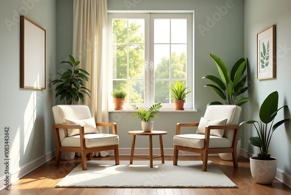Fototapeta A well-lit therapy office with two comfortable chairs, a small table, and several plants. Generative AI