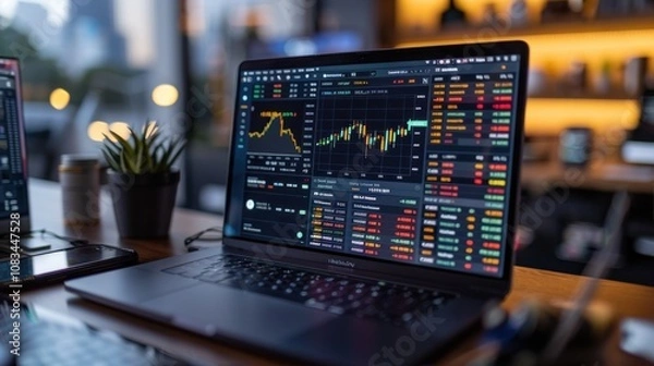 Fototapeta A wide-angle view of a cryptocurrency wallet on a desktop, with Bitcoin, Ethereum, and various altcoins listed, showing the value of different digital assets and their fluctuation in real-time.