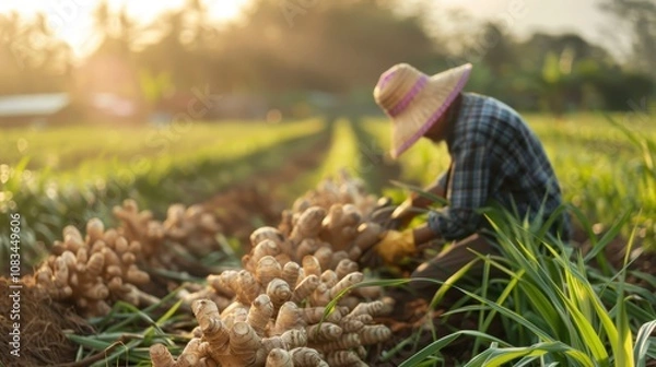 Obraz Golden Hour Harvest: A farmer meticulously tends to a field of ginger, the warm sunlight casting a golden glow over the scene. This image embodies the dedication and hard work of agricultural labor.