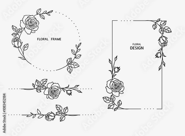 Obraz Set of love floral rectangle and circle frame and horizontal divider with line garden rose, leaf, stem and bud. Valentine's day or wedding design elements. Hand drawn sketch. Vector illustration.