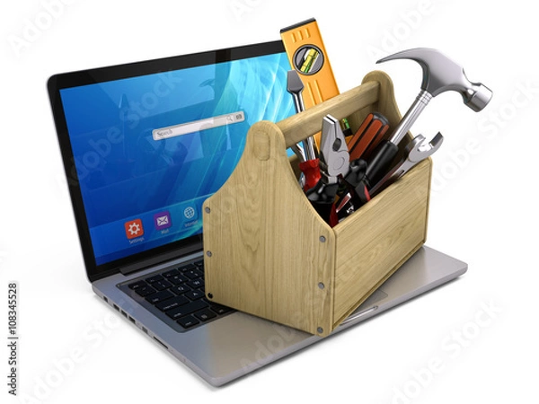Fototapeta Toolbox with tools on laptop - Repair and recovery concept. 3d rendering