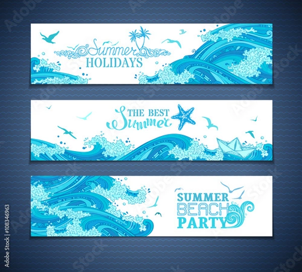 Fototapeta Vector set of sea/ocean horizontal banners.