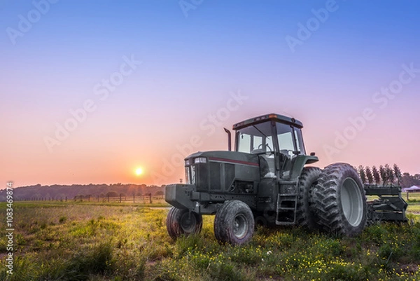 Obraz Farm Tractor in a field on a Maryland Farm at sunset