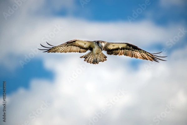 Fototapeta Closeup of an Osprey hovering in the clouds