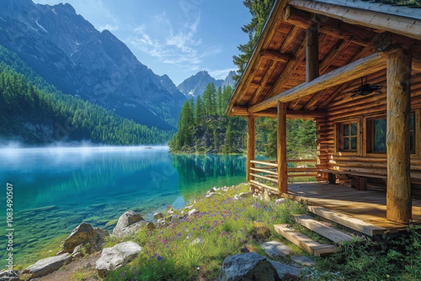 Obraz Mountain cabin with a wide veranda