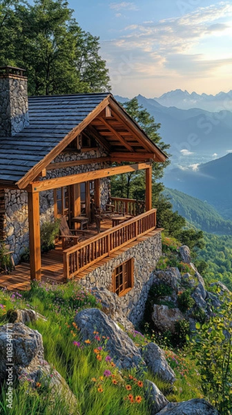 Obraz Rustic alpine house atop a towering mountain