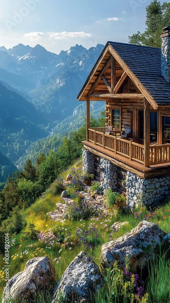 Obraz Rustic alpine house atop a towering mountain