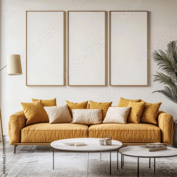 Fototapeta Elegant Mock-Up of a Living Room Centered Around a Stylish Sofa with Decorative Cushions and a Minimalist Artwork Display Set in a Light-Filled Modern Space