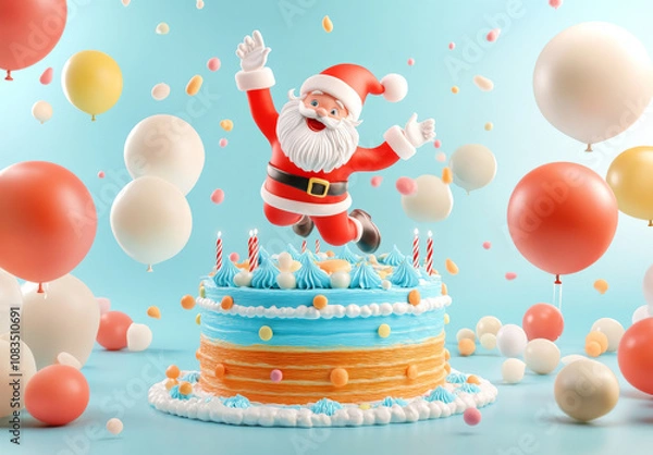 Fototapeta 3D Santa Claus Jumping on Cake with Balloons and Sprinkles  .