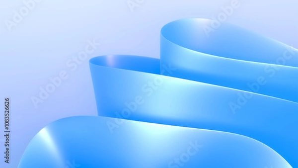 Fototapeta 3D render of blue modern elegant abstract background with layered ribbon folds in light soft blue colors. Smooth organic wavy curves. Macro closeup of layered folded cloth. Surreal flower sculpture.