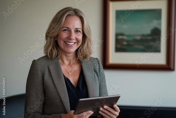Fototapeta Happy mature 45 years old business woman using tablet for communication, networking and client feedback in office. Corporate lawyer, advocate and technology in law firm for conversation.