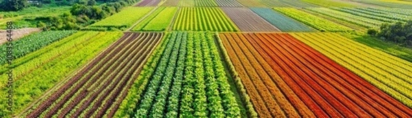 Fototapeta Drone aerial view of multi-crop fields with companion planting, diverse colors showing sustainable farming practices in action