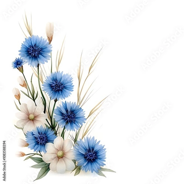 Fototapeta Square frame template featuring a beautiful arrangement of blue cornflower flowers (also known as knapweed or bluett) and Matricaria chamomilla (commonly called kamilla or mother's daisy)
