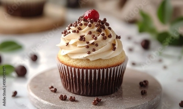 Obraz Vanilla Cupcake Topped with Whipped Cream, Chocolate Sprinkles, and a Cherry