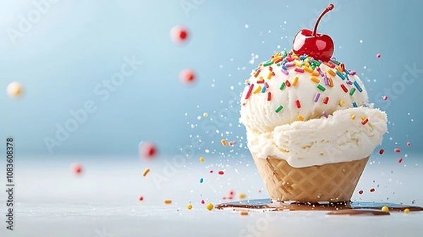 Fototapeta The ice cream flat illustration features a colorful and vibrant scoop of ice cream topped with rainbow sprinkles and a cherry on top, all set against a light blue background.
