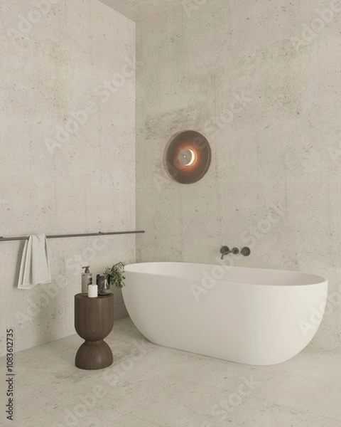 Fototapeta Minimalist bathroom design with bathtub and decor , 3d rendering