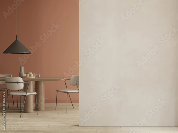 Fototapeta Japandi style dining room mock up with table , chairs and empty wall space , 3d rendering