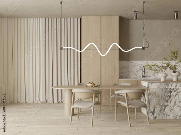 Fototapeta Modern japandi style kitchen and dining room with island , table and chairs , 3d rendering