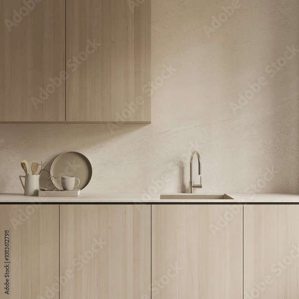 Fototapeta Modern wooden kitchen close up design with sink and decor , 3d rendering
